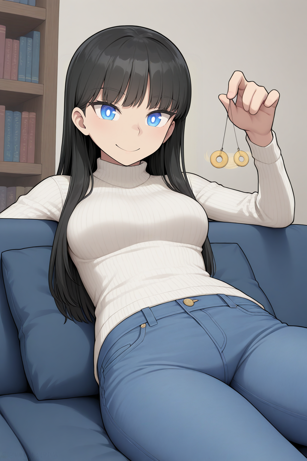 00002-3798296028-masterpiece, best quality, newest, 2024, absurdres, highres, indoors, bookshelf, cowboy shot, sitting, on couch, pillow BREAK 1g.png